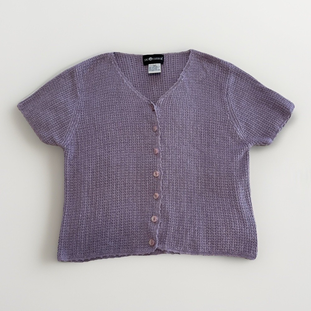 Sag Harbor Women's VTG Crochet Lilac Cardigan Med Short Sleeve Knit Spring Silk